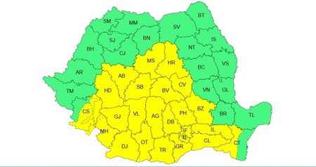 Harta codurilor galbene de vânt, ploi și ninsori, emis joi, 26 martie 2026, de Administrația Națională de Meteorologie. Foto: ANM