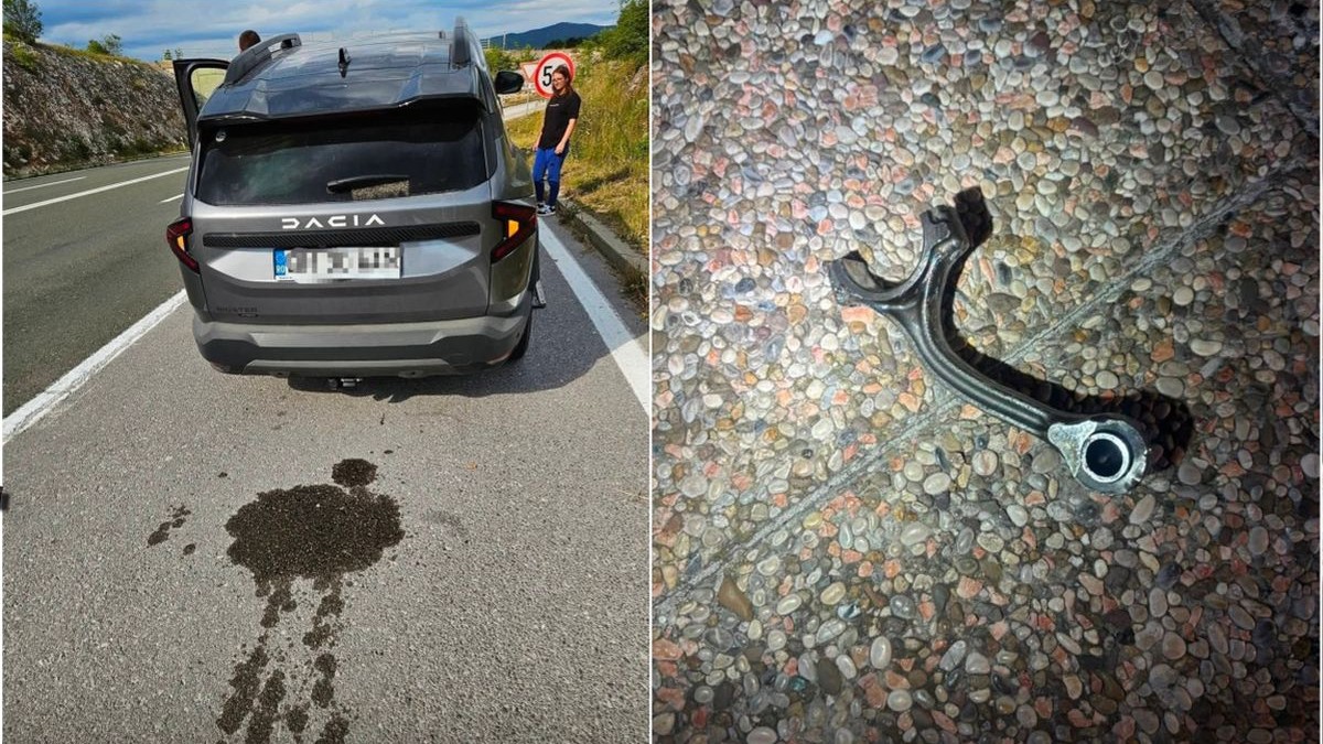 În stânga, o mașină Dacia Bigster care a lăsat în urmă pe șosea o pată de ulei, iar în dreapta este o piesă căzută din ea, după ce i s-a spart motorul, în Croația, 1 august 2026