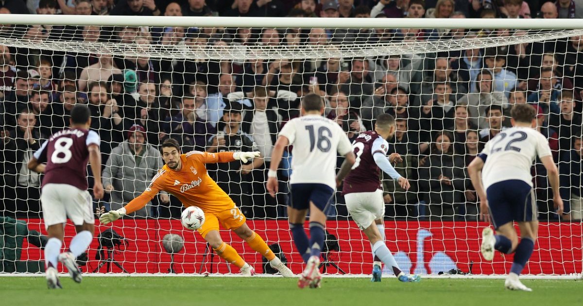 BIRMINGHAM, ENGLAND - MAY 07: Emiliano Buendia of Aston Villa scores the second goal from a penalty during the UEFA Europa League 2025/26 Semi-Final Second Leg match between Aston Villa FC and Nottingham Forest FC at Villa Park on May 07, 2026 in Birmingham, England. (Photo by Michael Steele/Getty Images)