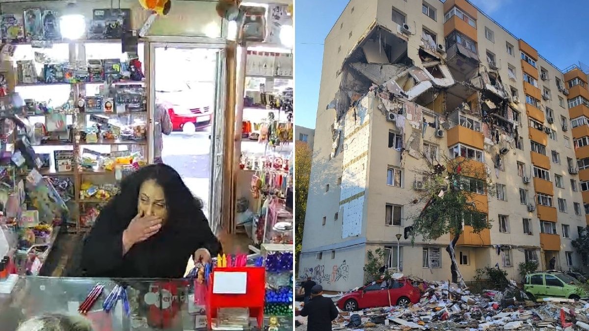 Colaj din doua fotografii. În stânga, o femeie speriată într-un magazin, care are mâna la gură, iar în dreapta apare blocul distrus de o explozie, în cartierul Rahova din București, pe 17 octombrie 2025.