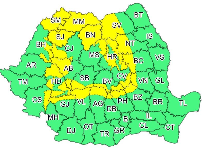 Harta zonelor aflate sub atenționare meteo de cod galben, pe 24 decembrie | Foto: meteoromania.ro