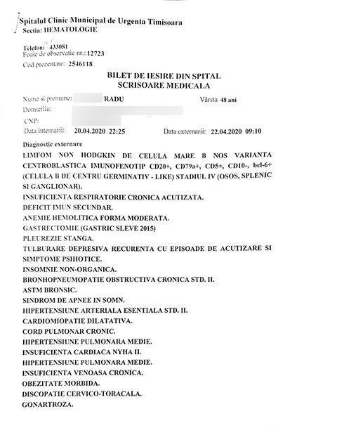 Biletul de ieșire din spital, primul dintre documentele pe care familia lui Radu le-a pus la dispoziția ziarului, pentru ca publicul să poată să vadă unul dintre cele 13 cazuri de la Spitalul Municipal din Timișoara, în care există diferențe între testele COVID-19, care sunt negative, și faptul că decedaților li s-a aplicat procedura de înmormântare COVID