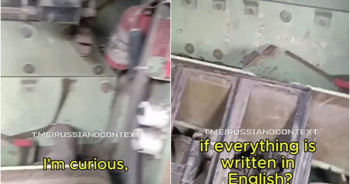 Un soldat rus care se uită în interiorul unui vehicul blindat NATO se miră că ucrainenii știu să-l folosească, pentru că pe el scrie în engleză