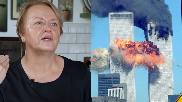 Un colaj cu două fotografii: în prima imagine este o femeie blondă cu părul scurt care poartă o bluză neagră și gesticulează, iar în a doua imagine este momentul exploziei din atentatele de la 11 septembrie