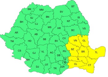 Harta județelor afectate de codul galben de vânt, miercuri, 14 octombrie 2026