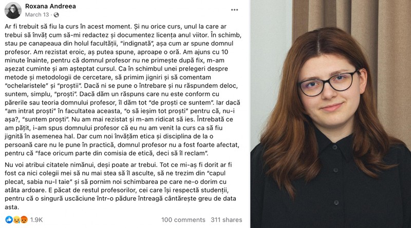 Statusul Roxanei Beșleagă în care a vorbit despre limbajul de la cursuri al unui profesor de la Jurnalism s-a răspândit repede online. Foto: arhiva personală. 