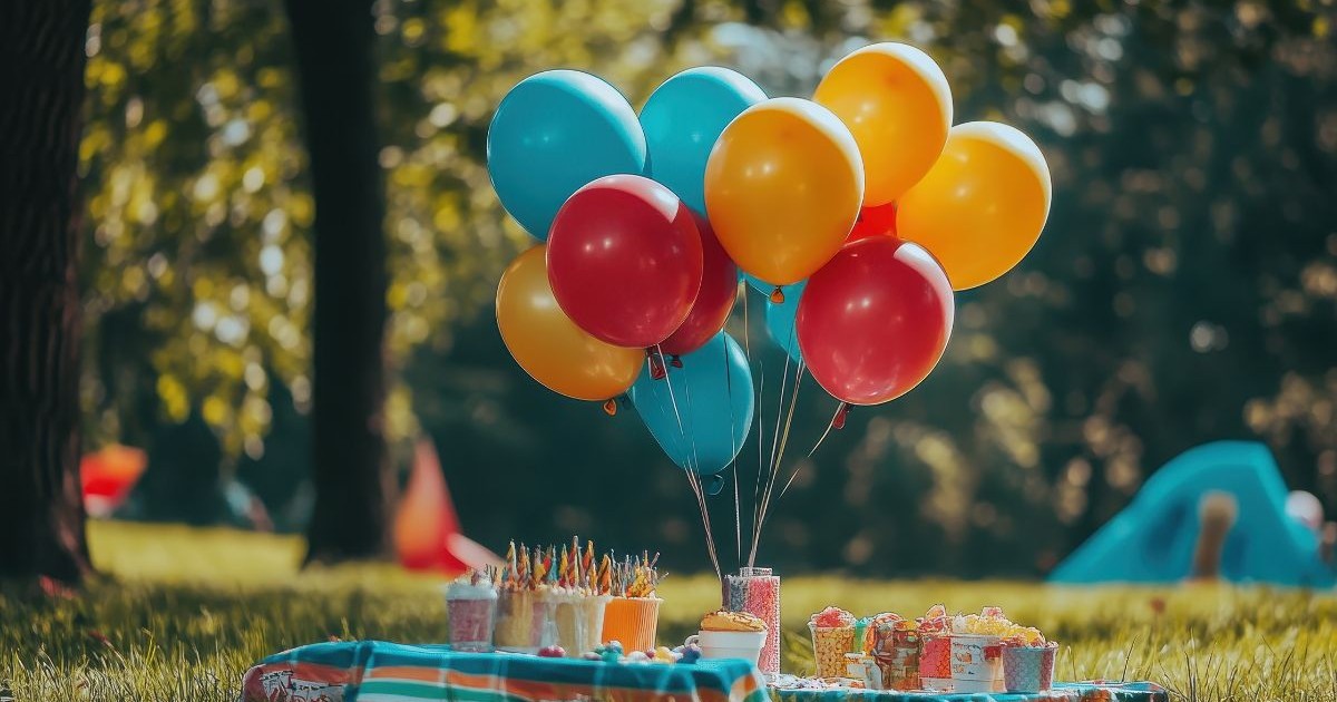 Picnic în aer liber, în natură, de zi de naștere, aniversare, cu baloane și decorațiuni colorate