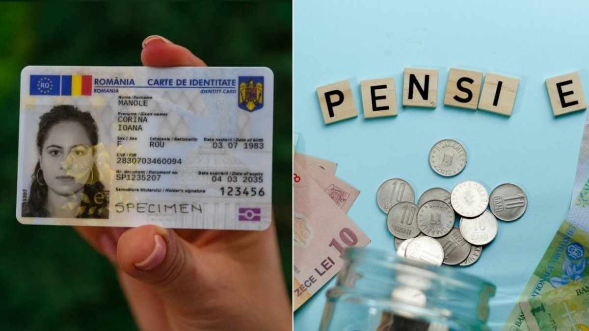 Colaj din două fotografii cu o mână care ține un buletin electronic de identitate în stânga și un borcan cu monede de 10 bani și bancnote de 10 lei, pe o masă albastră și cuvântul pensie scris din piese de scrabble