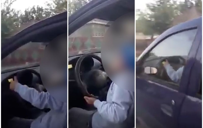 Copil de 9 ani, filmat în timp ce conduce o mașină, într-un sat din Teleorman. „Tatăl tău știe unde ești?”