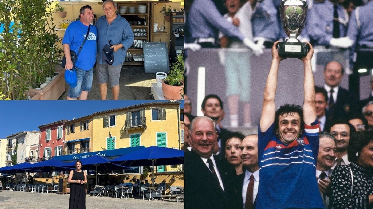 În dreapta, Michel Platini ridicând trofeul de la Euro 1984. În stânga, sus, „Platoche” și reporterul Libertatea. Jos, Marine, fiica lui Platini, în fața restaurantului familiei din Cassis, „Le Bistrot de Nino”