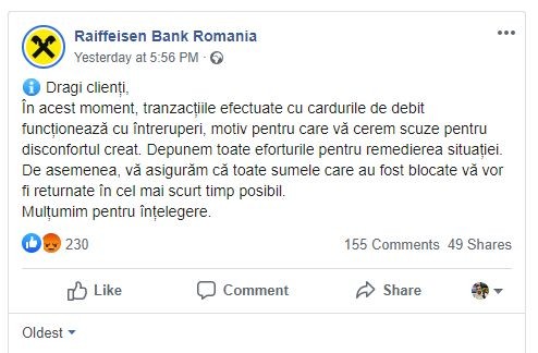 Mesajul prin care Raiffeisen recunoaște problema este din data de 13 iulie, ora 17:56.