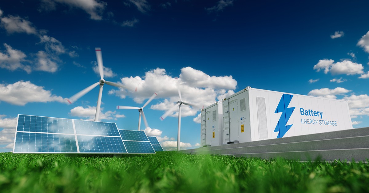 Conceptul de sistem de stocare a energiei. Energie regenerabilă - fotovoltaice, turbine eoliene și container baterie Li-ion în natură