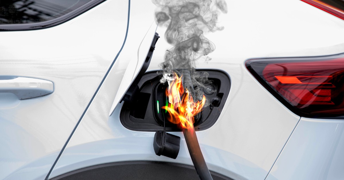 Portul de încărcare al unei mașini electrice la care a izbucnit un incendiu.