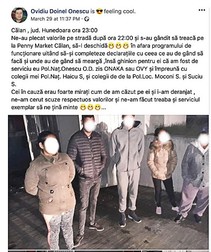 Postarea politistului Ovidiu Doinel Onescu pe Facebook