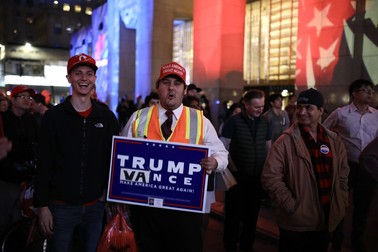 Trump supporters watch the results of the 2024 U.S. presidential elections on the giant screen set up on Rockefeller plaza, Manhattan, New York. The US presidential election pitting Democratic candidate Kamala Harris against Republican candidate Donald Trump took place on Tuesday, November 5. In New York, a liberal state that has voted for the Democratic candidate in presidential elections since 1988, voters followed the results on Rockefeller Plaza as they come in all night long. As the evening progressed, more and more Trump supporters rejoiced at the states won by their candidate. - Apolline Guillerot-Malick / SOPA Images//SOPAIMAGES_081A3788/Credit:SOPA Images/SIPA/2411061119,Image: 931049434, License: Rights-managed, Restrictions: , Model Release: no
