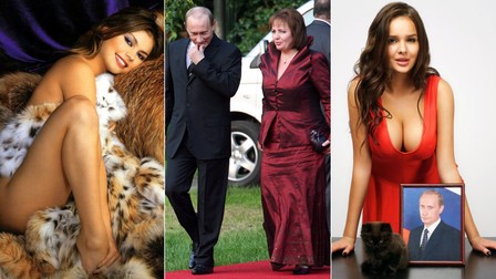 În centru, Vladimir Puitin și fosta sa nevastă, Liudmila. În stânga, fosta gimnastă Alina Kabaeva, în dreapta, modelul Alisa Harceva, două dintre presupusele amante ale liderului de la Kremlin. Cplaj Profimedia