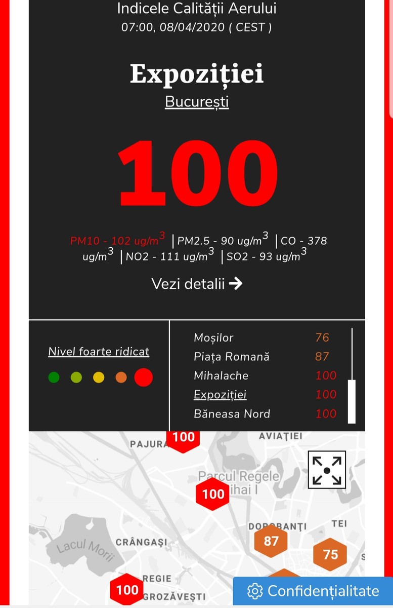 Captură realizată la ora 7.45, de pe aerlive.ro, platformă independentă de măsurare a calităţii aerului în Bucureşti. Se remarcă nivelul foarte ridicat de poluare din anumite zone ale Capitalei