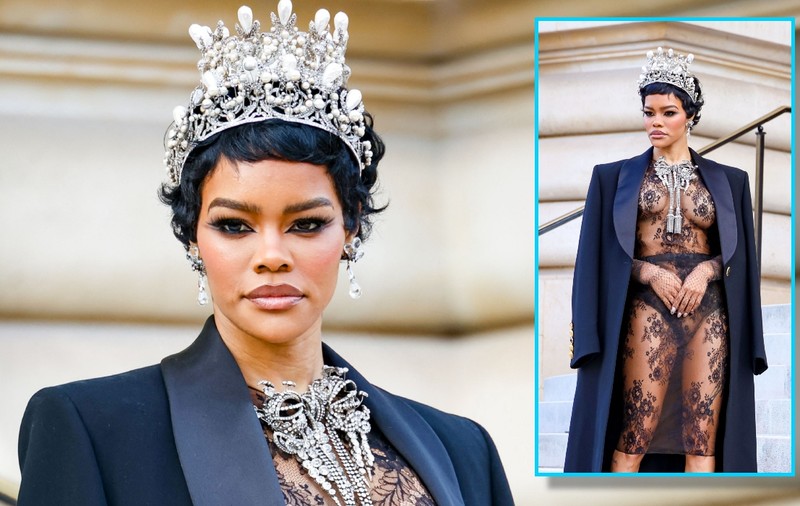 Teyana Taylor a lăsat totul la vedere într-o rochie transparentă din dantelă. A purtat bijuterii inspirate de jaful de la Luvru
