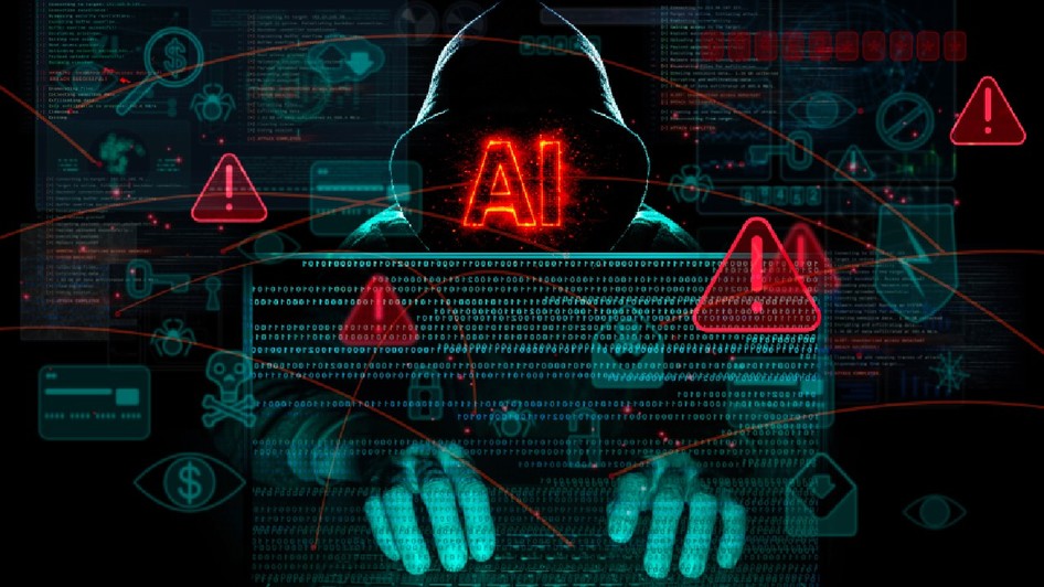 Inteligența artificială folosită pentru atacuri cibernetice, care arată AI ca amenințare cu cod malware, alerte și interfață digitală pe o siluetă de hacker