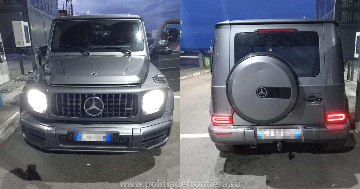 Colaj foto cu autoturismul marca Mercedes G Class, în partea stângă mașina fotografiată din față, iar în partea dreaptă mașina fotografiată din spate
