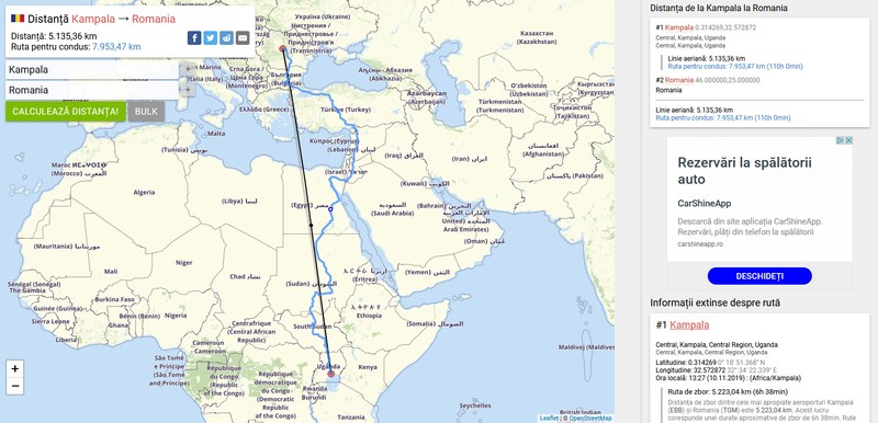 Peste 5.000 de kilometri a zburat Bogdan. A făcut traseul Entebbe - escală Dubai - București. Biletul a costat peste 1.000 de euro