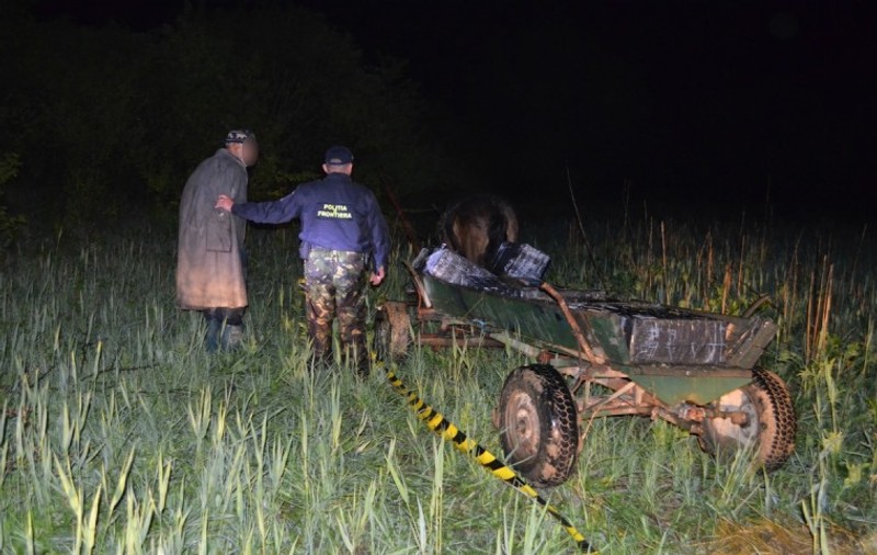 Contrabandistul de 75 de ani a fost prins cu opt focuri de armă. Bătrânul avea căruța plină cu 60.000 de țigarete ”mascate” cu lucernă uscată