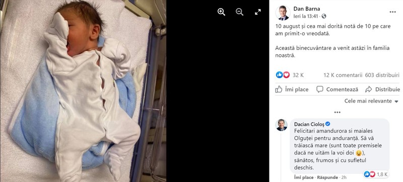 Dacian Cioloș l-a felicitat pe Dan Barna pentru nașterea fiului său | Foto: captură Facebook