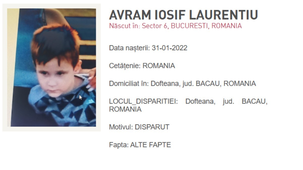 Imaginea prezintă o fișă oficială de căutare a lui Avram Iosif Laurențiu