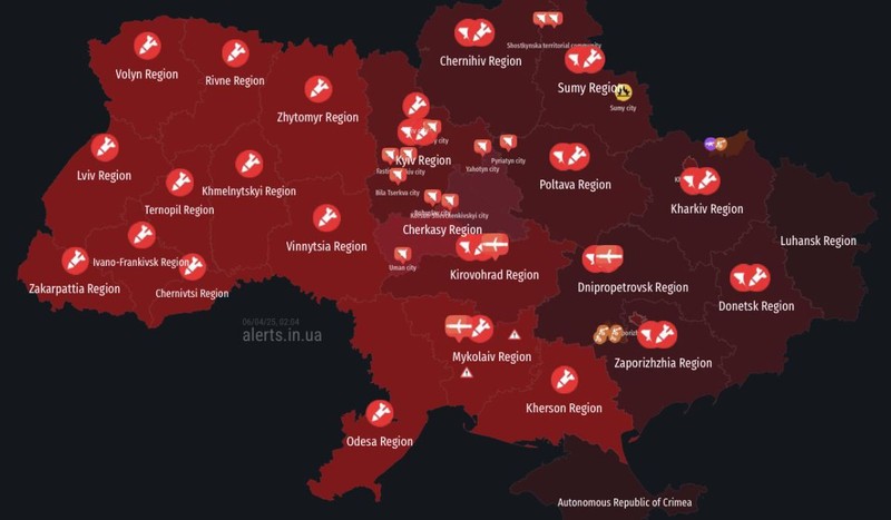 Harta atacurilor rusești asupra Ucrainei, 6 aprilie 2025, Foto: Ukraine FrontLine / X