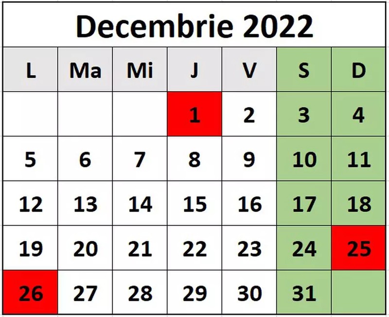 Zile libere decembrie 2022