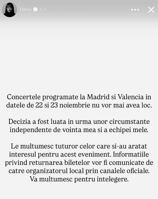 Motivul pentru care concertele Deliei de la Madrid și Valencia au fost anulate. Declarația cântăreței: „Vă mulțumesc pentru înțelegere”