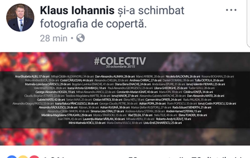 Doi ani de la tragedia din Colectiv: Președintele Klaus Iohannis și-a pus pe Facebook o imagine cu numele victimelor