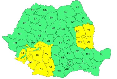 Harta județelor afectate de codul galben de vânt valabil luni, 21 septembrie / ANM