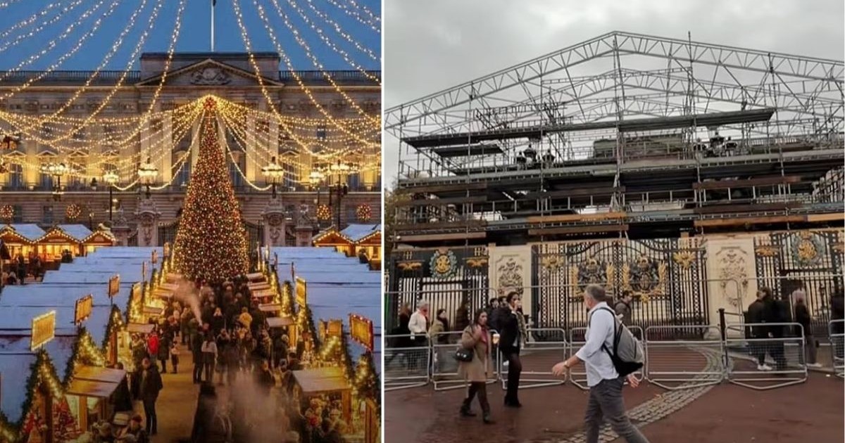 colaj foto format din două imagini: imaginea din dreapta arată un târg e Crăciun, organiat în fața palatului Buckingham din Londra, imaginea fiind generată cu ajutorul inteligenței artificiale, iar imaginea di dreapta arata o schela și un magazin în fața Palatului Buckingham, imaginea fiind reală