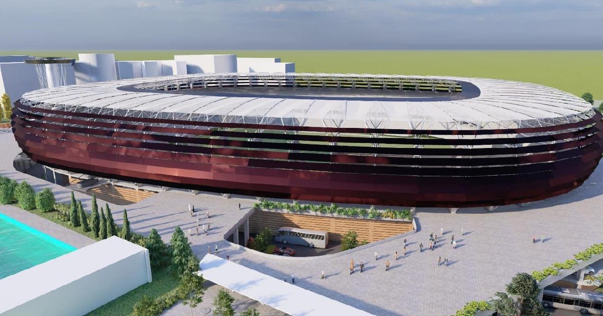 Randarea viitorului stadion Dinamo, o construcție modernă, cu design oval și acoperiș parțial, amplasată într-un spațiu urbanizat.