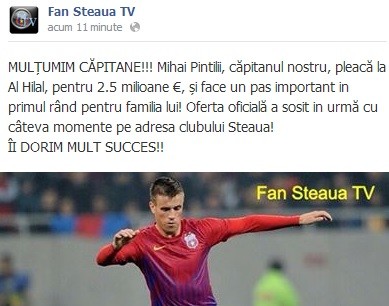 Suporterii de la Fan Steaua TV i-au mulțumit lui Mihai Pintilii FOTO: Captură TV