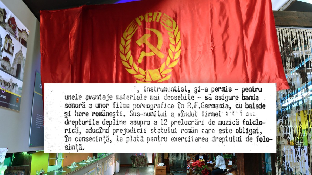 Colaj facsimil dintr-un raport comunist si drapelul fostului partid comunist român (PCR) este expus la Muzeul Kitsch-ului din București
