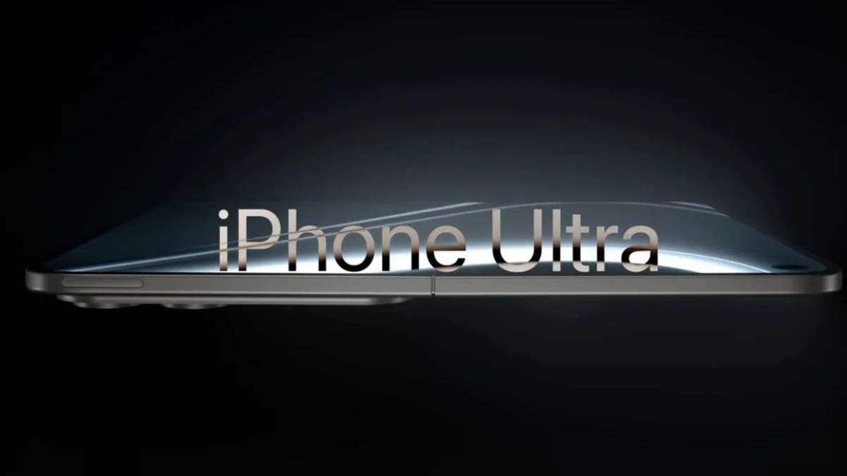 Imagine mockup de prezentare cu iPhone Ultra, văzut dintr-o parte.