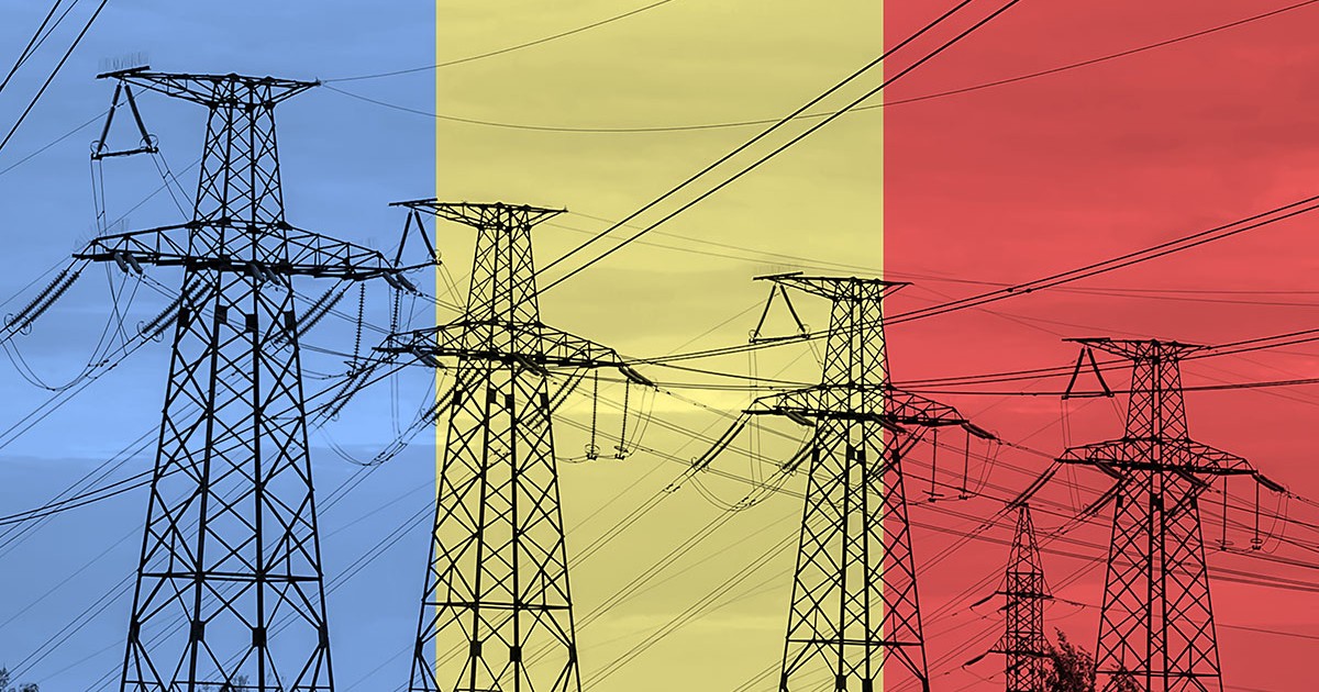 Linie electrică și steagul României.(2) Criză energetică. Conceptul de criză energetică globală. Creșterea consumului de energie electrică shutterstock_2224282695
