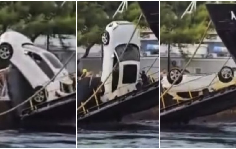 Mașina unei familii, cu roțile în sus în timpul debarcării de pe feribot. Rampa a cedat în portul Procida, Italia