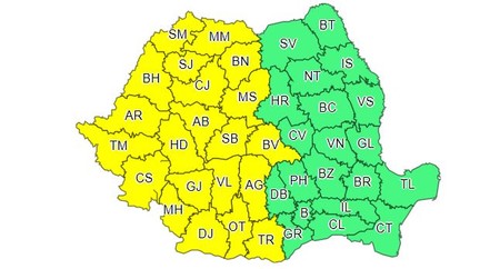 Zonele care sunt vizate de codul galben de ploi în intervalul 20 august, ora 12.00 - 22 august, ora 10.00
