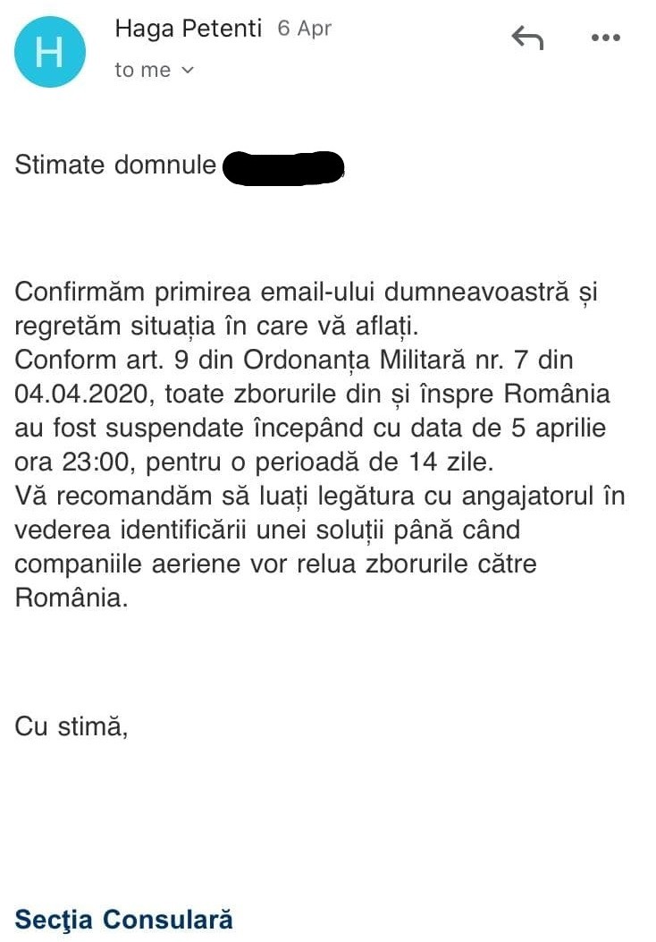 Răspunsul primit de Sergiu de la Ambasada României la Haga