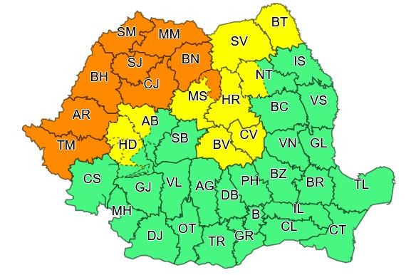 Harta zonelor sub cod portocaliu de la ora 19.00, până mâine la ora 2.00
