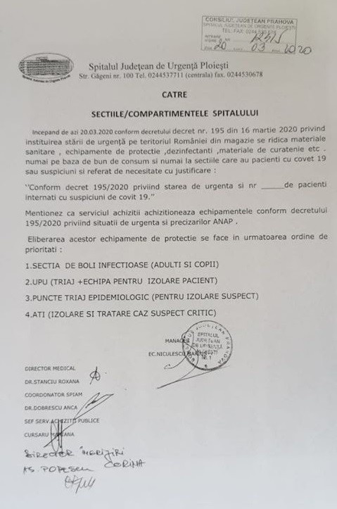 Documentul semnat de conducerea Spitalului Județean Ploiești