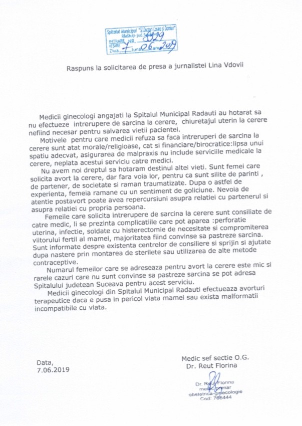 Răspunsul oficial al conducerii Spitalului Municipal Rădăuți, cu privire la întreruperile de sarcină