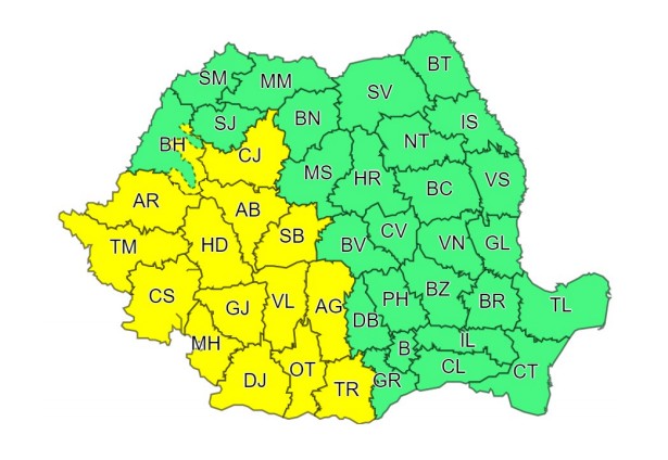 Harta ANM - Cod galben de ploi și instabilitate atmosferică valabil de marți, până miercuri, la ora 06.00