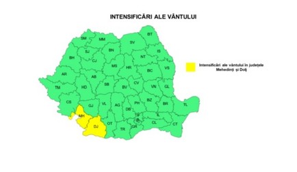 Cod galben de vânt puternic în județele Mehedinți și Dolj, valabil sâmbătă, 12 septembrie, între orele 10.00 și 20.00. Rafalele vor atinge 50-65 km/h. Sursă foto: ANM