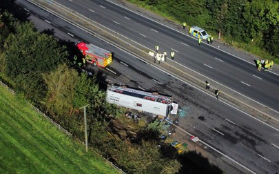 Emergency services at the scene of a coach crash on the M53 motorway, between junction 5 at Ellesmere Port and junction 4 at Bebbington. The coach was carrying schoolchildren to Calday Grange Grammar School and West Kirby Grammar School for Girls. Picture date: Friday September 29, 2023.,Image: 809492286, License: Rights-managed, Restrictions: , Model Release: no
