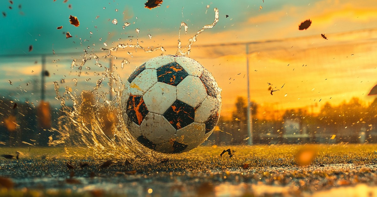 Minge de fotbal pe teren se loveste de o balta de apa