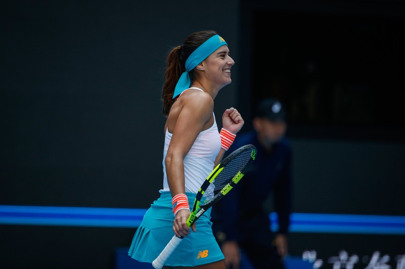epa06245275 Sorana Cirstea of Romania reacts after winning against Karolina Pliskova of the Czech Republic in their women's singles third round match of the China Open tennis tournament at the National Tennis Center in Beijing, China, 05 October 2017. EPA-EFE/ROMAN PILIPEY